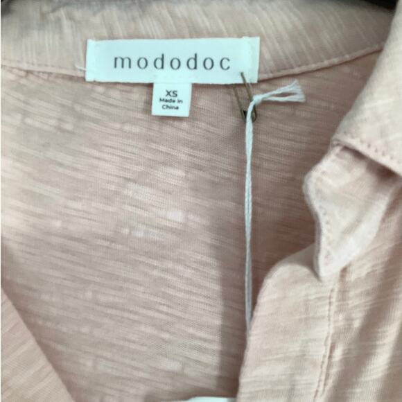 Mododoc Womens XS Pink Peach Slub Jersey Easy Polo Tee Shirt Long Sleeve MM35-7 - Picture 5 of 11